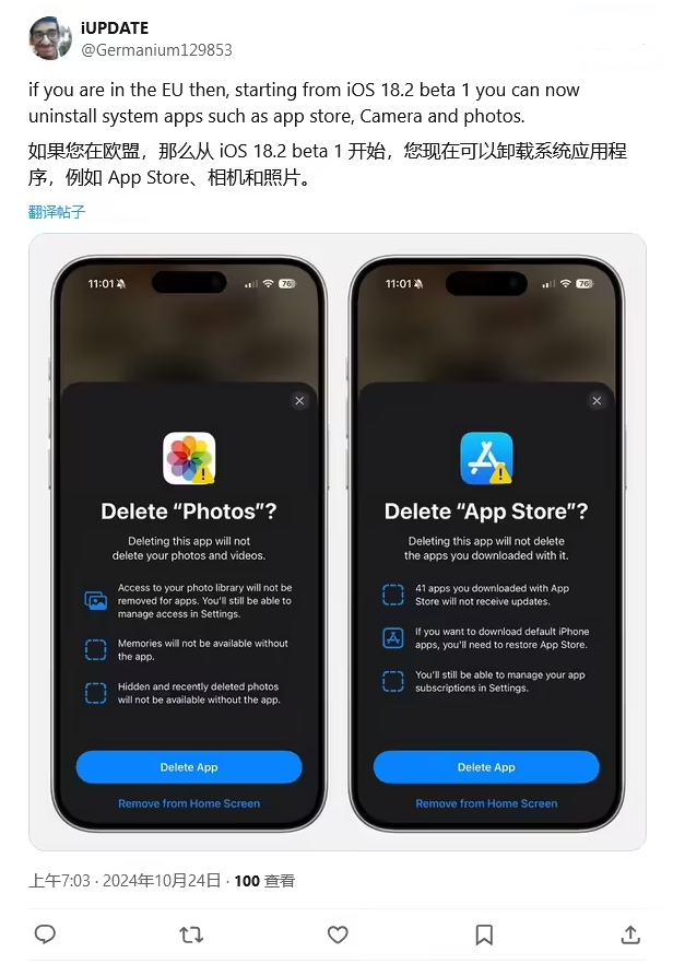 定州苹果手机维修分享iOS 18.2 支持删除 App Store 应用商店 