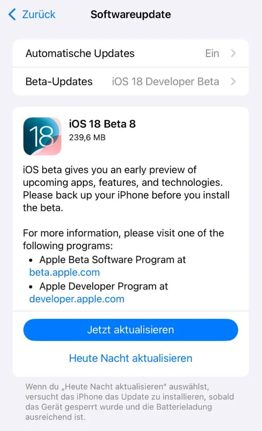 定州苹果手机维修分享苹果 iOS / iPadOS 18 开发者预览版 Beta 8 发布 